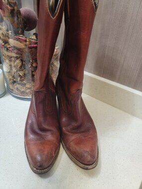 Frye Vintage Leather Brown Cognac Western Cowboy Boots Women’s 8.5 B Patina
